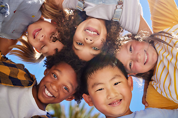 Image showing Friends, smile and below portrait of children outdoors for summer holiday, weekend and playing games together. Childhood, friendship and group of kids in circle for diversity, community and support