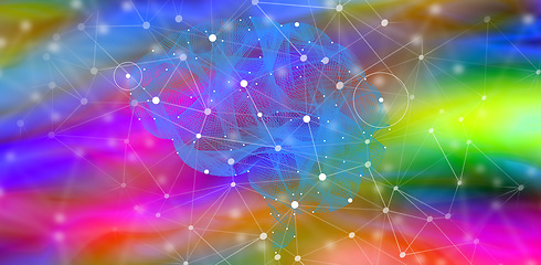 Image showing Brain graphic, colorful connectivity and digital graphic of cyber circuit and neuroscience. Isolated, studio background and no people with mind graphic, neuro pattern and connection of ai generated