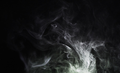 Image showing Smoke movement, white background and studio with abstract pollution swirl with no people. Graphic, art and steam pattern in the air with isolated design smoking and incense creativity with motion