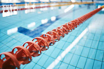 Image showing Water, empty swimming pool and lanes for competition, exercise and workout. Sports, swim and fitness with lane ropes or divider in liquid for aquatic training, exercising or underwater practice.