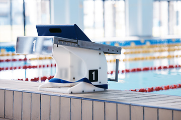 Image showing Start, platform and dive with block at swimming pool for championship, jumping and race. Fitness, competition and wellness with lane in indoor arena for exercise, workout and water sports training