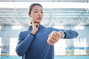 Image showing Smart watch, heartbeat and woman at swimming pool for pulse, health or fitness. Sports, swimmer and Asian person check wristwatch to monitor workout performance, exercise progress or training time.