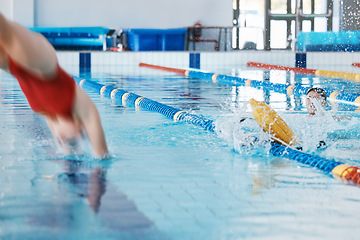 Image showing Swimming pool, sports and woman diving in water for training, exercise and workout for competition. Fitness, swimmer and professional person dive, athlete in action and jump for health and wellness.