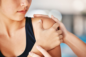 Image showing Woman, shoulder pain or girl swimmer with injury after exercise, training or workout accident in practice. Helping hands, sports athlete or closeup of person with tendinitis, muscle or broken bone
