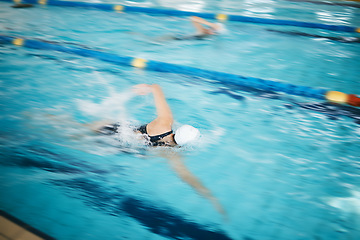 Image showing Sports, water splash or women in swimming pool for a race competition, exercise or cardio workout. Fast swimmers, freestyle stroke or healthy girl athletes racing with fitness speed or motivation