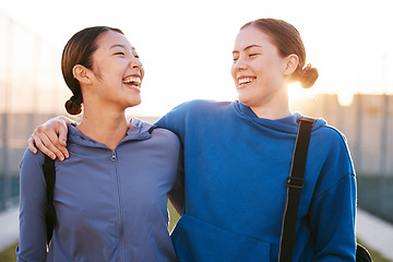 Image showing Exercise, women and friends outdoor, hug and training for workout, fitness and sports for wellness, smile and relax. Female athletes, girls and bonding for quality time, embrace and healthy lifestyle