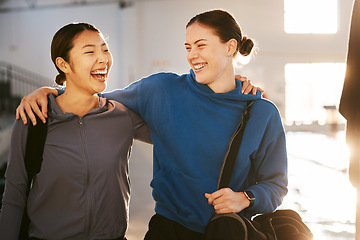 Image showing Fitness, women and friends outdoor, hug and smile after training, workout and exercise for wellness. Female athletes, happiness and girls embrace, practice and sports for healthy lifestyle or bonding