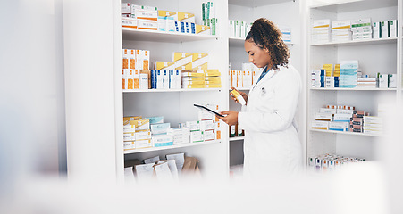 Image showing Tablet, stock and insurance with a woman in a pharmacy to fill an online order of prescription treatment. Medical, product and healthcare with a female pharmacist working as a medicine professional