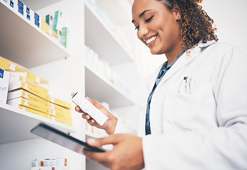 Image showing Tablet, stock and medical with a pharmacist woman at work to fill an online order or prescription. Healthcare, product and insurance with a female working as a medicine professional in a pharmacy