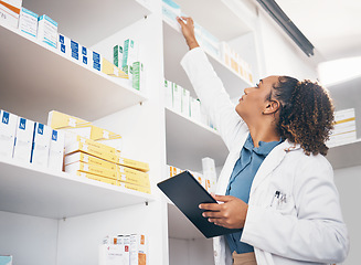 Image showing Pharmacy product, shelf and tablet of woman for medicine management, stock research or medical inventory. Digital technology, logistics and medical doctor or pharmacist for pharmaceutical e commerce