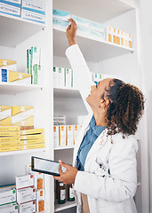 Image showing Shelf, pharmacy product and woman with tablet or medicine management, stock research or medical inventory. Digital technology, logistics and medical doctor or pharmacist for pharmaceutical e commerce