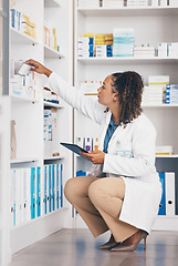 Image showing Pharmacy, product and pharmacist woman on tablet for medicine management, stock research or inventory. Digital, logistics and retail or medical doctor, reading box or pharmaceutical quality assurance