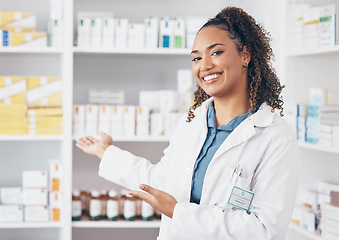 Image showing Pharmacist woman, portrait and shelf choice or show medicine stock, product and happy customer service. Biracial doctor or medical professional in pharmacy for inventory of drugs and healthcare store