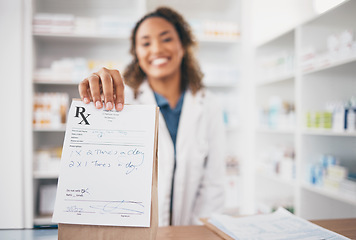 Image showing Pharmacy, medicine bag and pharmacist giving package to pov patient for customer services, support or retail help desk. Woman portrait with pharmaceutical note, medical product or healthcare receipt