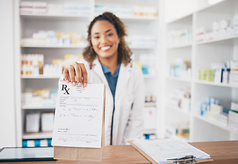 Image showing Pharmacy, medicine bag and woman giving package to pov patient in customer services, support or healthcare help desk. Pharmacist or doctor portrait with pharmaceutical note or medical product receipt