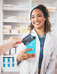 Image showing Woman, pharmacy and credit card payment with phone, shopping or fintech for healthcare deal at store. Pharmacist, digital customer experience or ecommerce for medical product at shop with pos machine