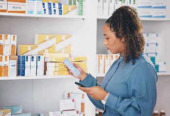 Image showing Pharmacy, product and woman check phone for information online, research label on internet or healthcare choice. Person or customer on mobile app, shelf and medical decision of medicine or drugs