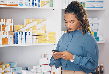 Image showing Pharmacy, shelf and phone of woman check information online, product quality on internet or healthcare choice. Customer on mobile app or website for medical research of supplements or drugs in store