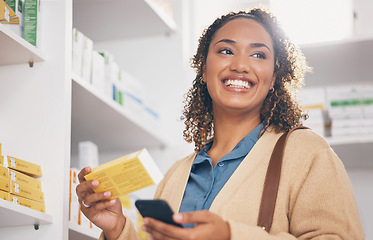 Image showing Pharmacy, product and phone of customer or woman with medicine choice, health insurance app and medical choice. Happy biracial person at drugs store, shelf and mobile thinking of healthcare decision