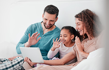 Image showing Love, video call or family in bed, smile or talking online with tablet, bonding and interracial. Parents, mother and father with daughter, girl and female child in bedroom, device or greeting in home