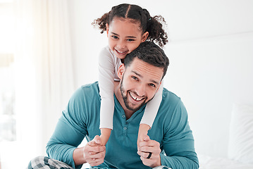 Image showing Morning, portrait and father with daughter in bedroom for happy, bonding and wake up. Smile, relax and playful with little girl hugging man at home for affectionate, support and free time on weekend