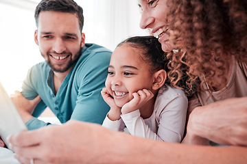 Image showing Happy family on bed with tablet, kid and movies, streaming service for child development and educational video. Mom, dad and girl bonding in bedroom, happiness and smile with digital entertainment.