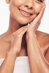 Image showing Hands, mouth and beauty with a senior woman in studio for skincare, anti aging treatment or cosmetics. Skin, facial and wellness with a mature female touching her soft face for hydration closeup