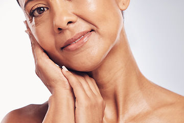 Image showing Portrait, closeup and woman with skincare, beauty and dermatology against a white studio background. Face detox, female or person with grooming, morning routine and luxury with salon treatment or spa