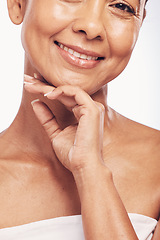 Image showing Portrait, cosmetics and woman with skincare, spa and luxury treatment against a studio background. Face, female and mature person with beauty, grooming and organic facial with self care and wellness