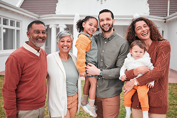 Image showing Family, generations and smile in portrait outdoor, grandparents and parents with children on lawn at home. Men, women and kids, love and care in relationship with happiness and happy people at house