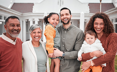 Image showing Family, generations and happy people in portrait outdoor, grandparents and parents with children on lawn at home. Men, women and kids, love and care in relationship with smile and happiness at house