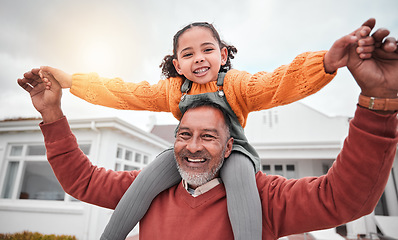 Image showing Shoulder hug and portrait of grandfather and girl for bonding, playful and affectionate. Weekend, free time and happiness with family on lawn at home for support, care and holiday together