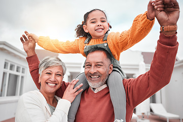 Image showing Happy, smile and portrait of grandparents and child for bonding, playful and affectionate. Weekend, free time an happiness with family on lawn at home for support, care and holiday together