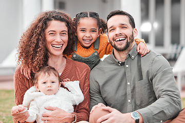 Image showing New home, real estate and portrait of a happy family bonding outside a house feeling excited and happiness. Smile, love and mother relax with children, kids and father with care together