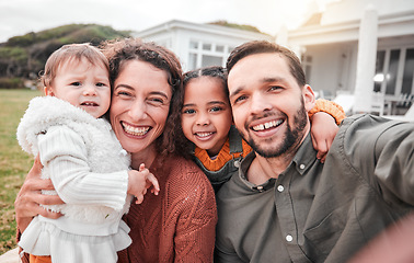 Image showing Love, selfie and family outdoor, smile and bonding with quality time, carefree and relax together. Portrait, parents or mother with father, children or kids outside, interracial or happiness on break