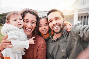 Image showing Selfie, family and children outdoor with their parents in summer for a photograph to make memories together. Portrait, love or profile picture with a mother, father and kids bonding in a home garden