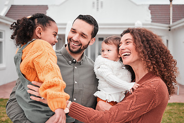 Image showing Happy, home and family outdoor, bonding and quality time for memories, real estate or cheerful together. Parents, mother or father with children, kids in backyard or happiness with joy or interracial