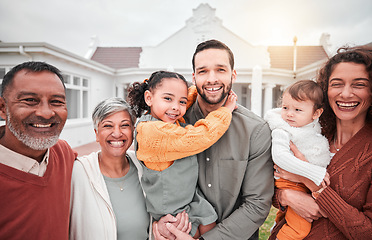 Image showing Happy, generations and selfie with big family on lawn of home for social media, bonding and affectionate. Happiness, photo and grandparents with children and parents for picture, portrait and break