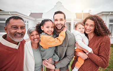 Image showing Family, portrait and outdoor with a smile and love with children, parents and grandparents together. Men, women and happy kids in a backyard for support, care and security with a hug and quality time