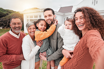 Image showing Happy, smile and selfie with big family on lawn of home for social media, bonding and affectionate. Happiness, photo and grandparents with children and parents for picture, portrait and break