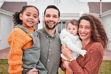 Image showing New home, family and portrait couple with children bonding outside a house feeling excited and happiness. Smile, interracial and mother relax with children, kids and father together on vacation