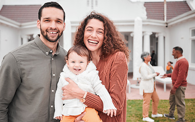 Image showing Family, mother and father portrait outdoor with a smile and love for child or baby. Man, woman and happy kid in a backyard for support, care and security in a garden at home for quality time or laugh