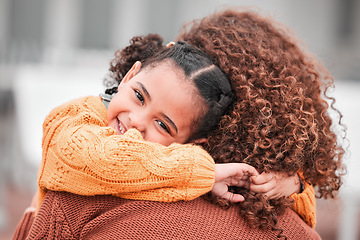 Image showing Portrait, mother and girl hug, smile and bonding with quality time, carefree and happiness. Love, mama and daughter embrace, female child and kid with mom, parent and affection with care and joyful