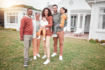 Image showing Family, generations and happiness in portrait outdoor, grandparents and parents with children on lawn at home. Men, women and kids, love and care in relationship with smile and happy people at house