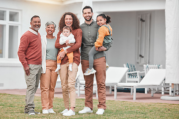 Image showing Family, generations and happy in portrait outdoor, grandparents and parents with children at holiday home. Men, women and kids, love and care in relationship with smile and people on vacation