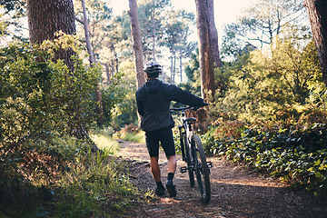 Image showing Nature, fitness and man cyclist with a bicycle for cardio training, health or wellness in the woods. Sports, cycle and male athlete walking with a bike outdoor in the forest to practice for a race.