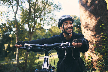 Image showing Fitness, bike and Asian man outdoor, exercise and training with workout, practice and wellness. Male biker, person and guy in nature, outside and cycling for workout, sports and motivation for energy