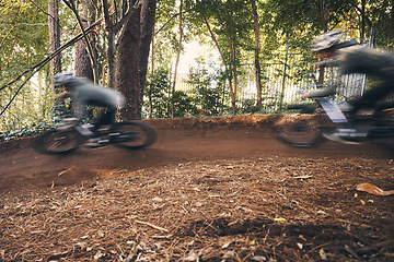 Image showing Fitness, cycling, and fast with people in nature for training, extreme sports and motion blur. Workout, race and speed with cyclist on bike in forest park for performance, challenge and adventure