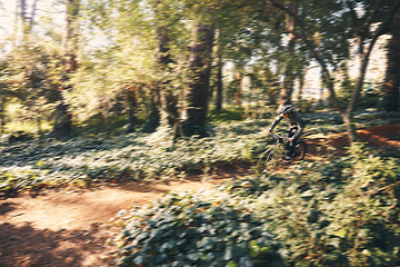 Image showing Bike, cycling and motion blur with a man in the forest for fitness, adventure or freedom in nature. Bicycle, exercise and a male athlete cyclist outdoor in the woods for cardio or endurance training