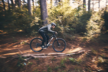 Image showing Man, outdoor and cycling in nature for sports, exercise or training on a mountain bike with speed. Athlete male person on a bicycle for a fitness workout for energy in a forest with green trees